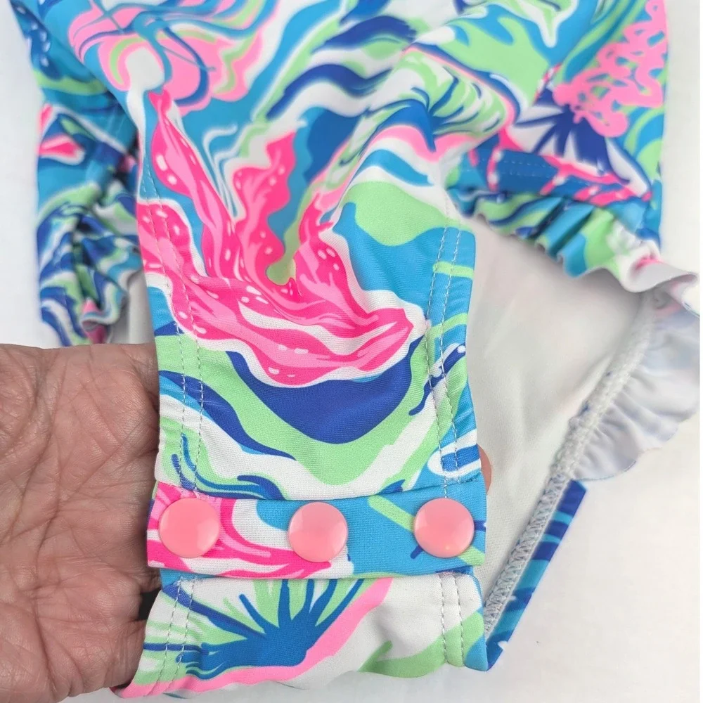 Tommy‎ Bahama Kids 3T Rash Guard One Piece Swimsuit Blue Pink Jellyfish Print